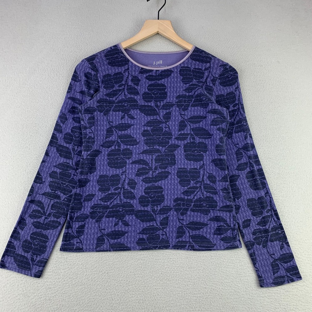 VTG Y2K J. Jill Satin Trimmed Tee Women XS Purple Floral Long Sleeve Cotton Indi
